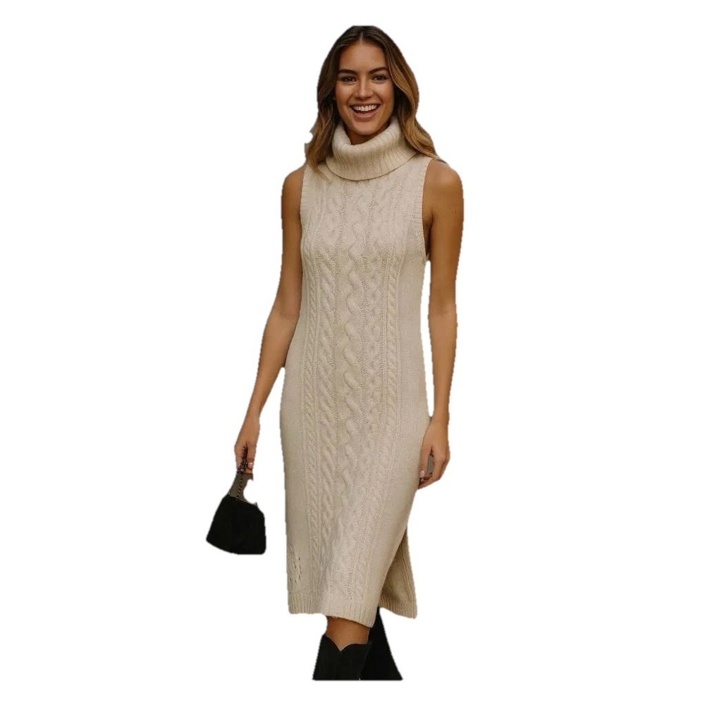 NWT 525 Cable Knit Sleeveless Turtleneck Midi Dress-Large Chalk/ivory